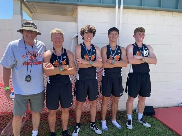 Boys 2 mile relay finished 3rd in the State!   Pictured is Coach Mike Kirtley and juniors Dalton Pierce, Chase Moore, Isaiah Lively, and Peyten Keith.  